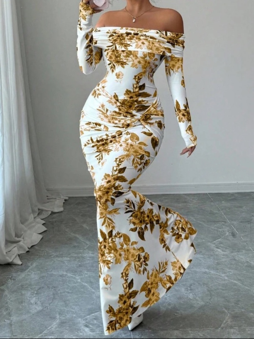 Off-Shoulder White Maxi Dress with Gold Floral Print